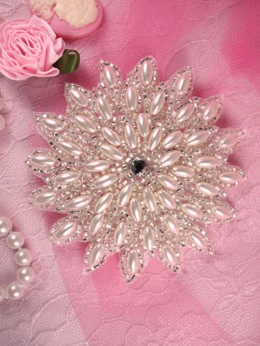 FS5908L Silver Pearl Beaded Applique 3.25"