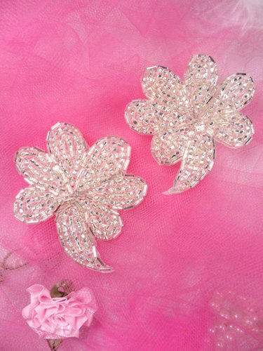 FS739 Silver Beaded Mirror Pair Sequin Appliques 2.5"