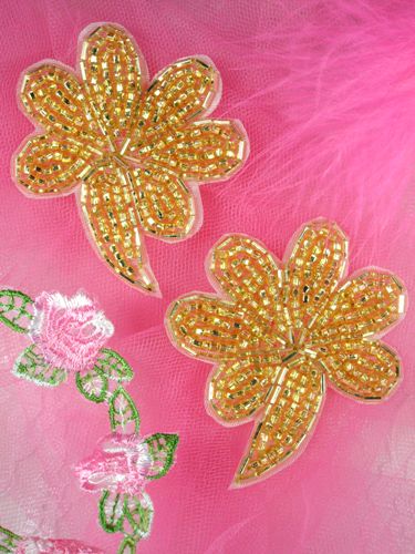 FS739 Gold Beaded Mirror Pair Sequin Appliques 2.5"
