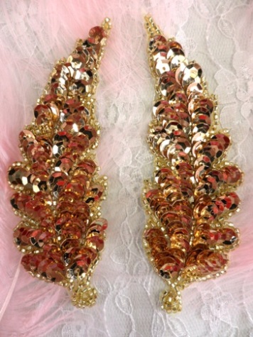 FS760  Gold Leaf Mirror Pair Beaded Sequin Appliques 4"