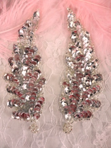 FS760  Silver Leaf Mirror Pair Beaded Sequin Appliques 4"