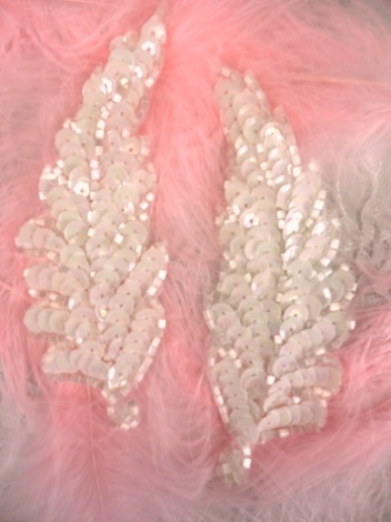 FS760  White Leaf Mirror Pair Beaded Sequin Appliques 4"