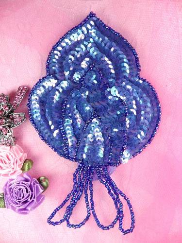 FS768  Purple AB Epaulet Beaded Sequin Applique 5.75"