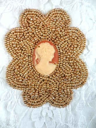 FS857 Gold Orange Cameo Beaded Applique 3"