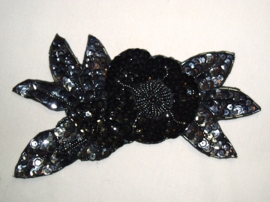 K19  Black and Gunmetal Flower Sequin Beaded Applique  7.25"