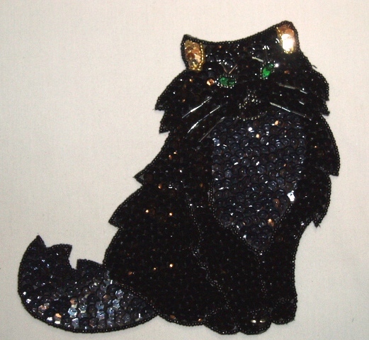 K42  Black Cat Sequin Beaded Applique 6.5"