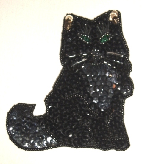 K44  Black Cat Sequin Beaded Applique 3.75"