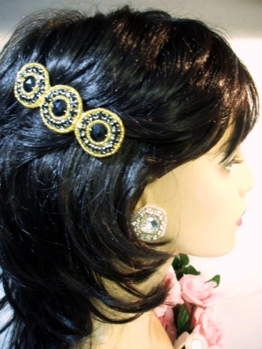 HB0379  Black Gold Beaded Rhinestone Hair Bow 3.75"