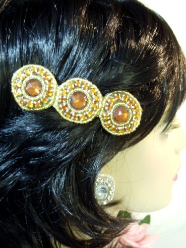 HB0379  Bronze Jewel Gold Beaded Rhinestone Hair Bow 3.75"