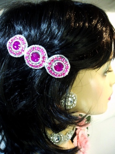 HB0379  Fuchsia Jewel Silver Beaded Rhinestone Hair Bow 3.75"