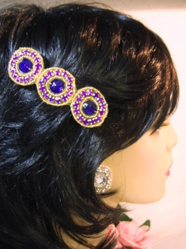 HB0379  Purple Jewel Gold Beaded Rhinestone Hair Bow 3.75"