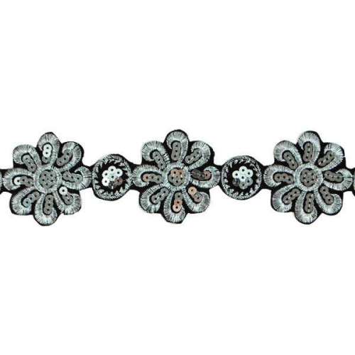 E7001 Silver Embroidered Floral Trim Iron On