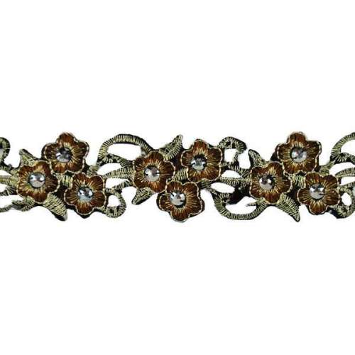 E7002 Gold Embroidered Floral Beaded Trim Iron On