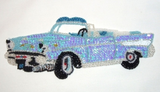 0102 Chevy Bel Air 1957 Lt. Blue Convertible Car 8.25" Sequin Beaded Applique