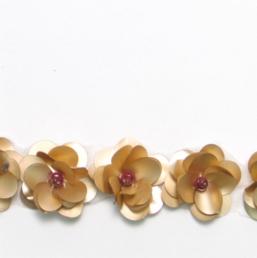 E1590 Flower Beaded Sequin Trim Matte Gold