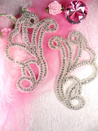 JB11 Crystal Clear Silver Beaded Mirror Pair Rhinestone Appliques 6"