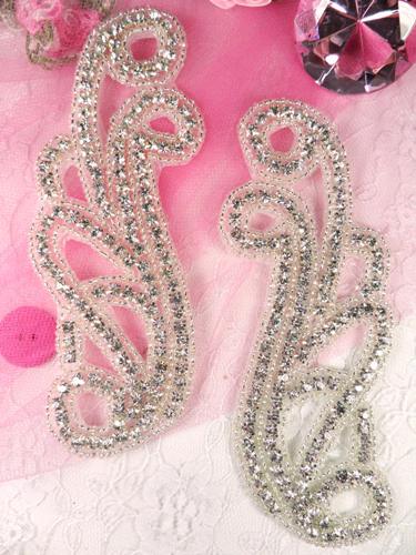JB13 Crystal Clear Silver Beaded Mirror Pair Rhinestone Appliques 5.5"