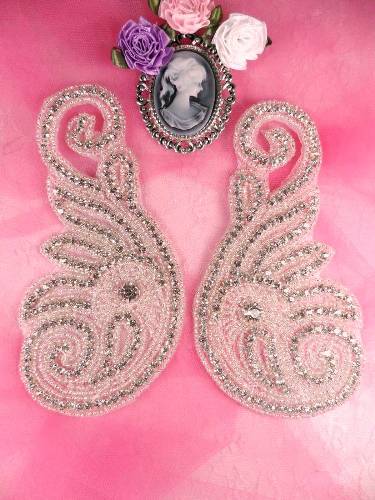 JB19 Crystal Clear Silver Beaded Mirror Pair Rhinestone Appliques 6.25"