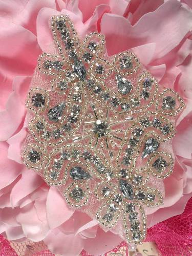 JB23 Crystal Clear Silver Beaded Rhinestone Applique 4"