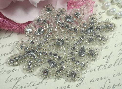 JB23 Crystal Clear Silver Beaded Rhinestone Applique 4"