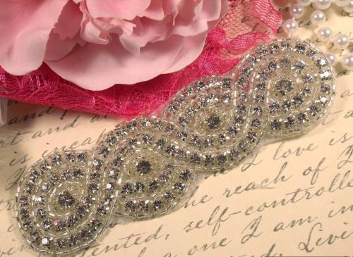 JB24 Small Braided Silver Beaded Crystal Rhinestone Applique 5"