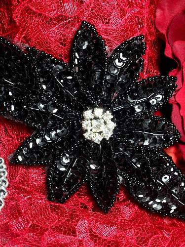 JB25 Black Floral Rhinestone Beaded Sequin Applique 6.5"