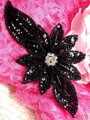 JB25 Black Floral Rhinestone Beaded Sequin Applique 6.5"
