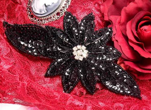 JB25 Black Floral Rhinestone Beaded Sequin Applique 6.5"