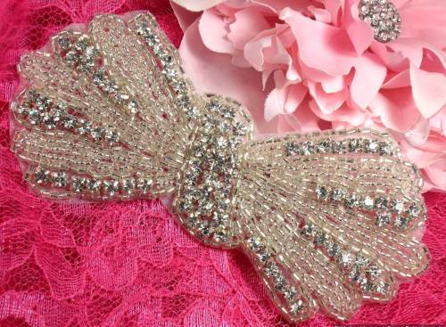 JB26 Bow Tie Silver Beaded Crystal Rhinestone Applique 5"