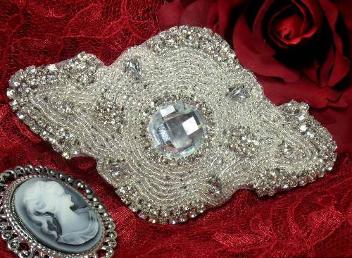 JB27 Victorian Romance Silver Beaded Crystal Rhinestone Applique 6"