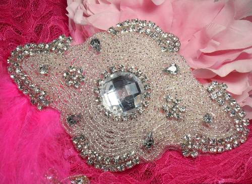 JB27 Victorian Romance Silver Beaded Crystal Rhinestone Applique 6"