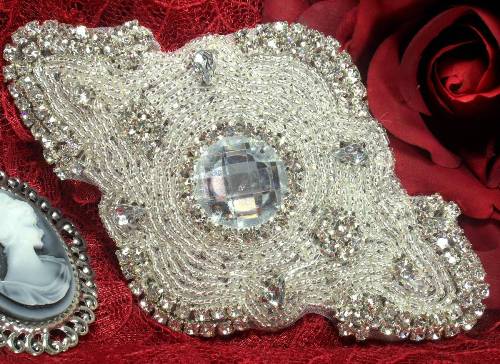 JB27 Victorian Romance Silver Beaded Crystal Rhinestone Applique 6"