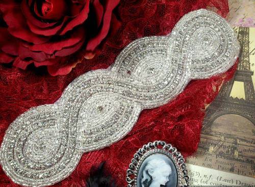JB29 Large Braided Silver Beaded Crystal Rhinestone Applique 9.5"