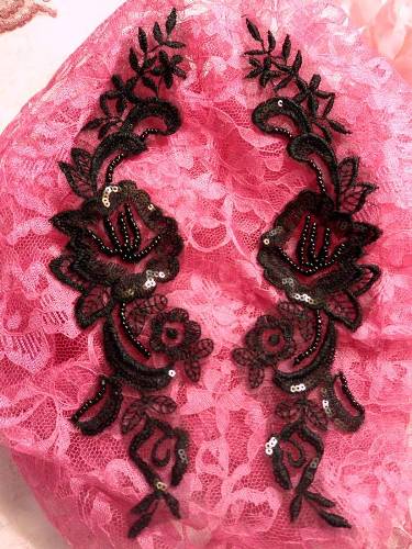 JB32 Black Venise Lace Mirror Pair Beaded Sequin Appliques 10.5"