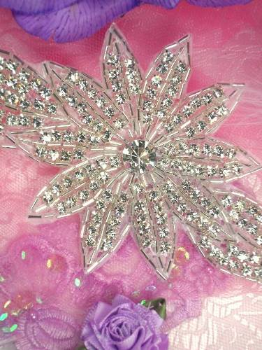 JB33B Silver Beaded Floral Crystal Rhinestone Applique 6.5"