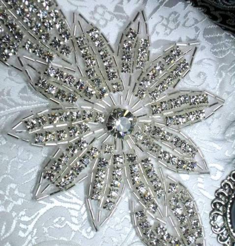 JB33A High Quality Silver Beaded Floral Crystal Rhinestone Applique 6.5"