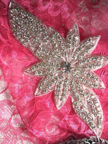 JB33B Silver Beaded Floral Crystal Rhinestone Applique 6.5"