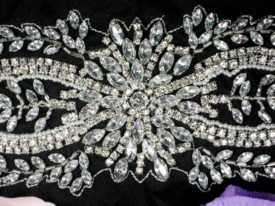 JB34 Crystal Clear Silver Beaded Rhinestone Applique 10.5"