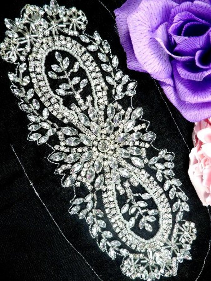 JB34 Crystal Clear Silver Beaded Rhinestone Applique 10.5"