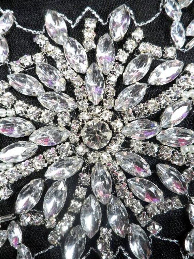 JB34 Crystal Clear Silver Beaded Rhinestone Applique 10.5"