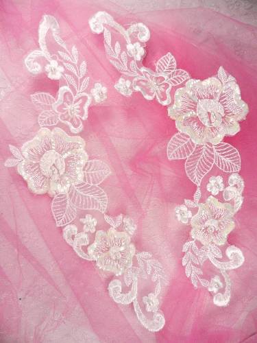 K31 White AB Venise Lace Mirror Pair Beaded Sequin Appliques 12"