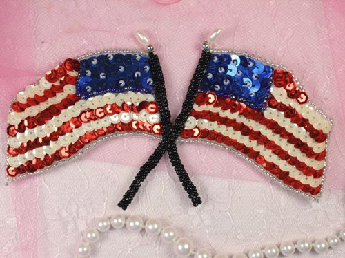 KAF4 Patriotic double Flag Beaded Sequin Applique 5"
