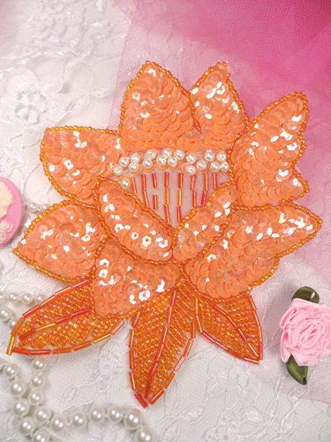 K8108 Orange AB Rose Beaded Sequin Applique 5.25"