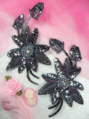 K8109 Gunmetal Mirror Pair Beaded Sequin Appliques 5.5"