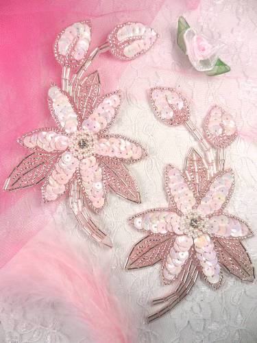 K8109  Pink AB Opaque Silver Mirror Pair Sequin Beaded  Appliques 5.5"