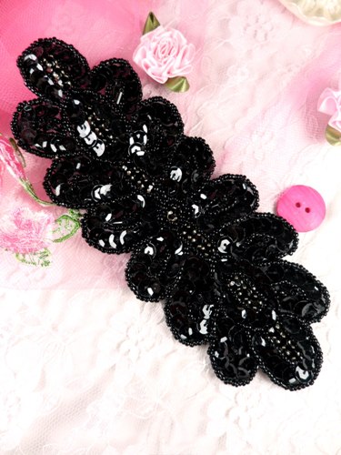 K8122 Black Sequin Beaded Applique 6.5"