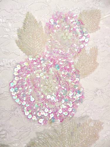 K8127 Special Crystal AB Rose Mirror Pair Beaded Sequin Appliques 8.25"