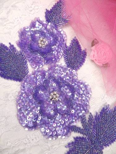 K8127 Lavender AB Rose Mirror Pair Beaded Sequin Appliques 8.25"