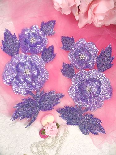 K8127 Lavender AB Rose Mirror Pair Beaded Sequin Appliques 8.25"