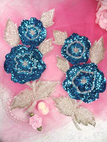 K8127 Turquoise Silver Rose Mirror Pair Beaded Sequin Appliques 8.25"
